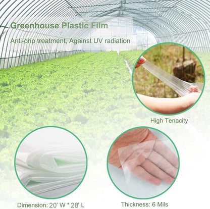 Yowlieu 20' x 28' Clear Greenhouse Plastic Sheeting, 6 Mil UV Resistant Polyethylene Greenhouse Film Hoop Green House Plastic Cover for Farms, Agriculture, Garden