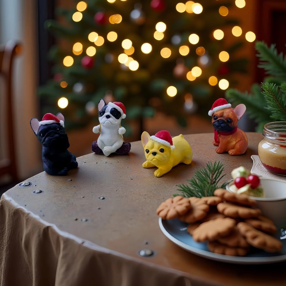 4 Pieces Cute French Bulldog Dog Figurines Fairy Garden Figurines Resin Dog Statues with Christmas Hat for Office Home Garden Decor Collectible Puppy Figurines Animal Sculpture for Kids
