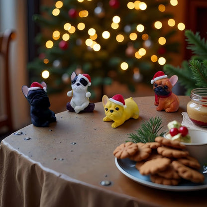 4 Pieces Cute French Bulldog Dog Figurines Fairy Garden Figurines Resin Dog Statues with Christmas Hat for Office Home Garden Decor Collectible Puppy Figurines Animal Sculpture for Kids