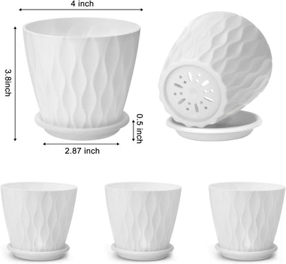 4 inch Plant Pots, 5 Pack Flower Pots Outdoor Indoor, Planters with Drainage Holes and Tray Saucers（White）