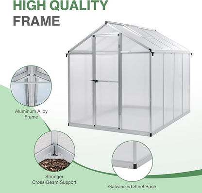 Aoodor 6 x 8 Ft Walk-in Greenhouse with Gutter, Polycarbonate and Heavy-Duty Aluminum Frame, Adjustment Skylight and Lockable 2-Sided Door for Patio, Outdoor, Yard, Lawn Use, Silver