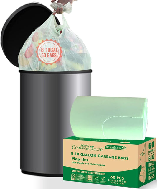 8-10 Gallon Flap Tie Compostable Trash Bags, 60 Count, Compost Bags Kitchen Trash Bags, Sturdy