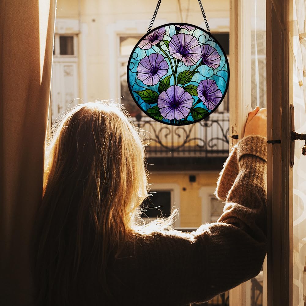 Morning Glory Stained Glass Window Hanging, Purple Suncatcher Panel Hanging for Indoor Outdoor Window Decorations, Morning Glory Glass Ornament for Wall, Garden Decor Gifts for Wedding, Housewarming