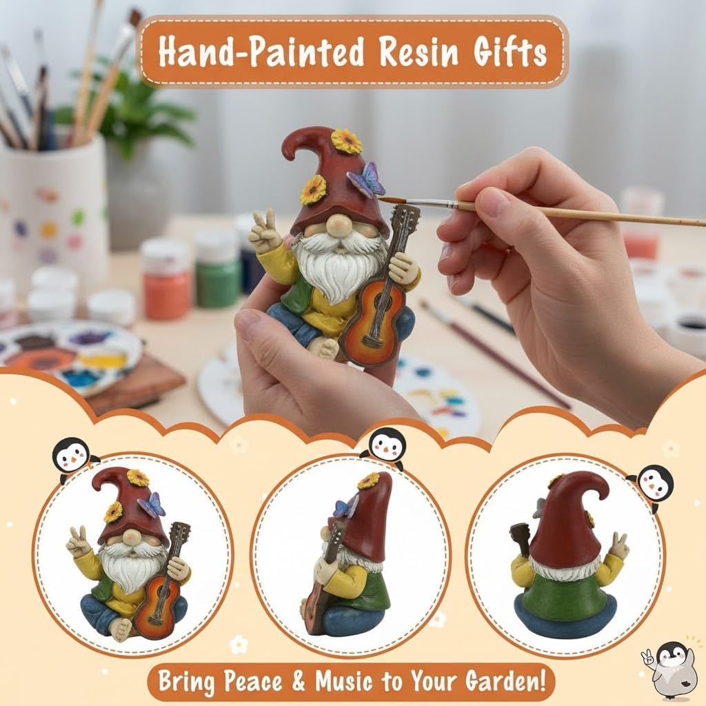 Peace Sign Garden Gnome Figurine Outdoor Statue, Funny Guitar Playing Dwarf Rock Music Decor - 6‘’ Resin Lawn Ornament, Unique Housewarming Gift for Music Lovers & Gardeners (Red)