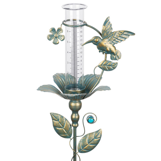 Rain Gauge Outdoor Decorative Hummingbird 7" Metal Rain Gauges Glass Tube | for Yard