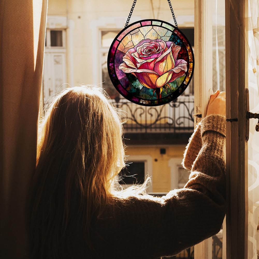 Pink Rose Stained Glass Window Hanging, Sun Catcher Panel Decorations for Window, Pink Bloom Ornam Decor, Flower Wall Hanging Ornament Decor, Glasswork Gifts for Mother, Bridal Shower, Housewarming