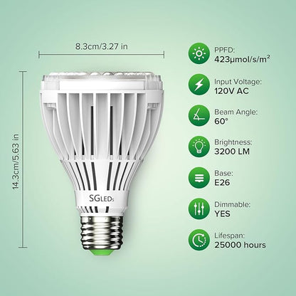 Dimmable Grow Light Bulb, Full Spectrum with Remote Control, Auto On Off Timing 4 8 12 Hrs, 32W PAR20 (350 Watt Equiv) Grow Lamp with Optical Lens for High PPFD, Energy Saving for Indoor Plants