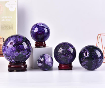 JIC Gem 3.1-3.5 inch(80-90mm) Large Purple Moss Agate Crystal Sphere Quartz Crystal Ball with Stand Healing Ornament Witchcraft Meditation Decor