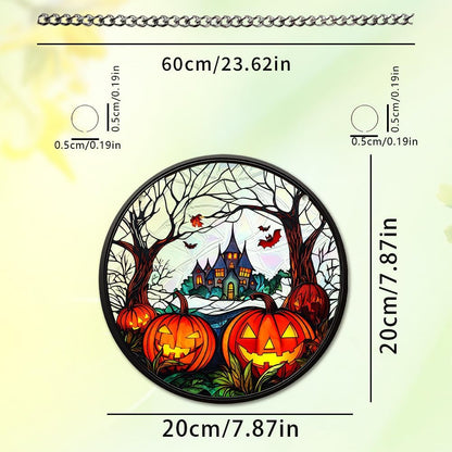 Halloween Sun Catcher - 8 Inch Round Suncatcher for Window Hanging Decoration - Creates Indoor Rainbows Light Refraction - Spooky Ghost, Witch, Pumpkin Design - Suction Cup Hook & Chain