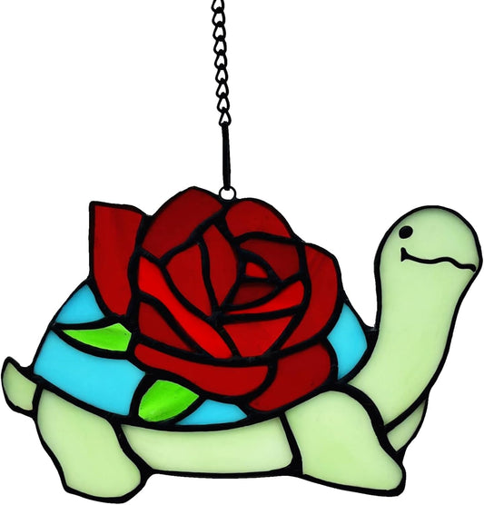Stained Glass Turtle with Rose Birthday Gifts for Women, Stained Glass Window Hanging Suncatcher