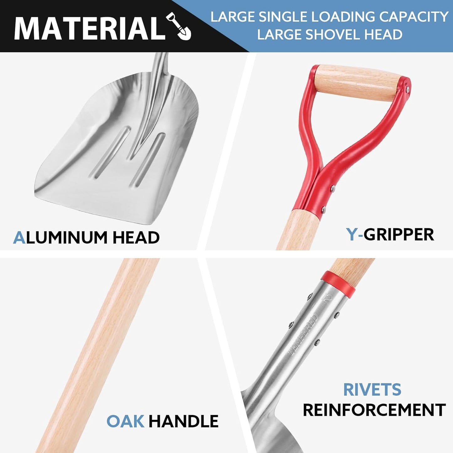 Aluminum Snow Scoop Shovel Wide Grain Shovels with Lightweight Large Capacity Head and Oak Wooden Handle