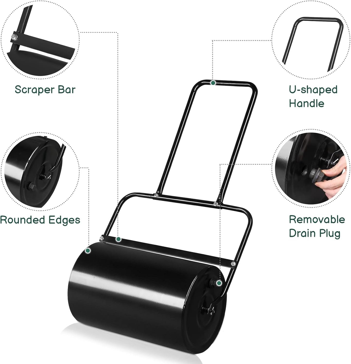 Outvita Lawn Roller, 10 Gallons Water and Sand Filled Garden Drum Roller with U Shaped Handle Tow beind Sod Roller for Planting, Seeding(Black)
