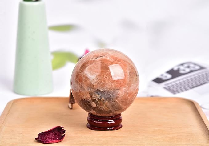 JIC Gem Orange Moonstone Crystal Ball Healing Crystals Sphere with Decorative Wooden Stand 2-2.3 inch (50-60mm)