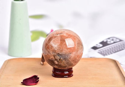 JIC Gem Orange Moonstone Crystal Ball Healing Crystals Sphere with Decorative Wooden Stand 2-2.3 inch (50-60mm)