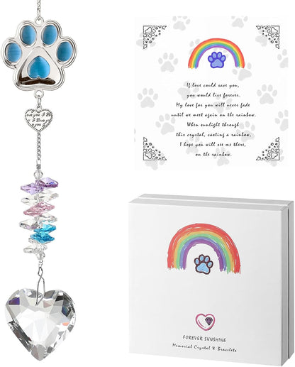 Dog Memorial Gifts for Loss of Dogs, Crystal Suncatcher & Bracelet Remenbrance Gift, Paw Print Sun Catcher Crystals Prisms Hanging Garden Decorations, Pet Sympathy Cat Bereavement Gifts (Blue)