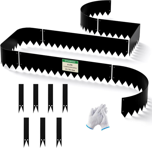 19.7Ft.Galvanized Steel Landscape Edging(6-Pack)-6"x39.4" Metal Garden Edging,7 Clips&Gloves,Hammer-in,No Dig,Rustproof,for Landscaping,Tree Rings,Garden,Yard&Pathway–Black