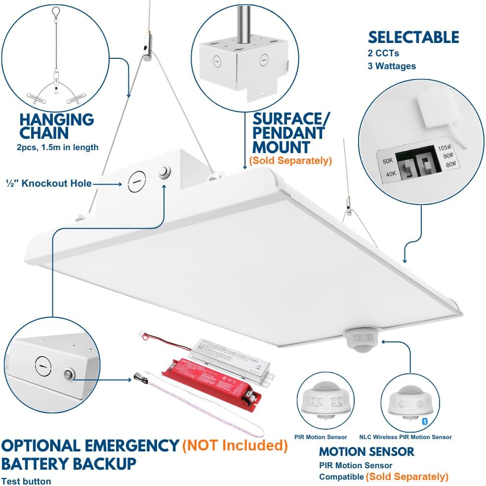 Pack of 2 ALTA LED LED Bay Ceiling Shop Light - 2FT - 105W/90W/80W - 16,500 Lumens - 5000K/4000K Selectable - 120-277V - 250W Metal Halide Equal