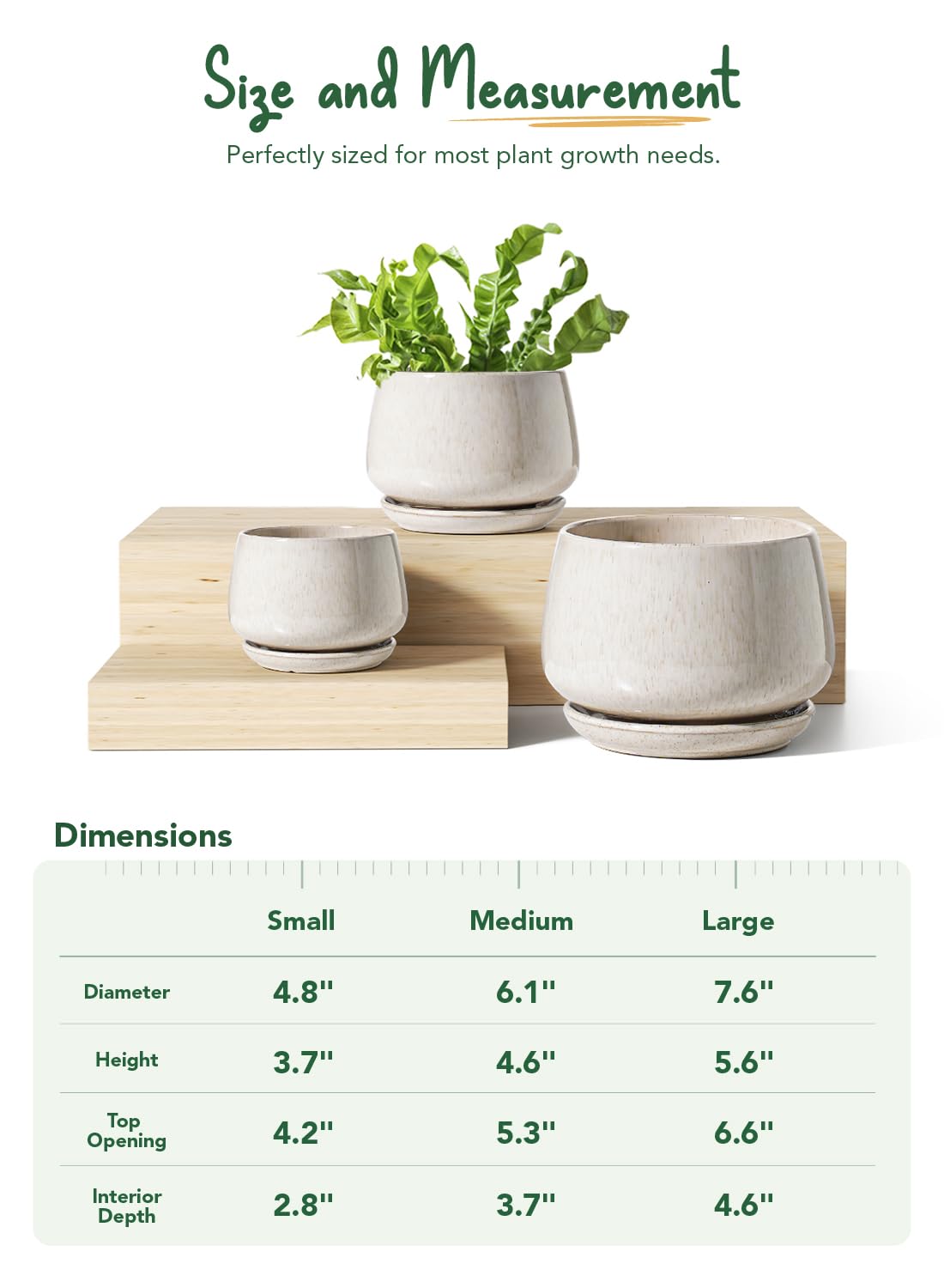 LE TAUCI Plant Pots, 4.1+5.1+6.5 inch, Set of 3, Ceramic Planters with Drainage Hole and Saucer