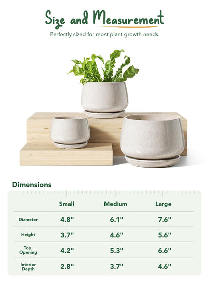 LE TAUCI Plant Pots, 4.1+5.1+6.5 inch, Set of 3, Ceramic Planters with Drainage Hole and Saucer