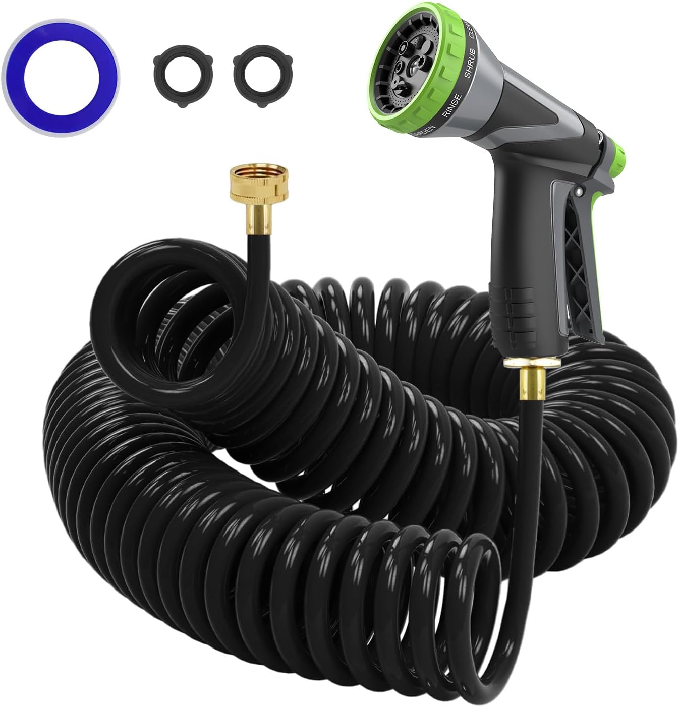 Coil Hose,3/8" EVA Coil Garden Hose 25 FT,Curly Water Hose Lightweight with Brass Connectors,Recoil Garden Hose Includes 8-Pattern Spray Nozzle for Boat, Yard, Patio, Green