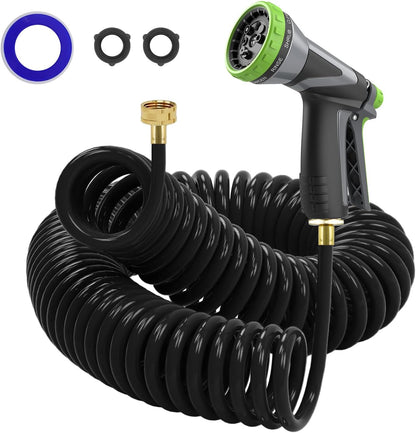 Coil Hose,3/8" EVA Coil Garden Hose 25 FT,Curly Water Hose Lightweight with Brass Connectors,Recoil Garden Hose Includes 8-Pattern Spray Nozzle for Boat, Yard, Patio, Green