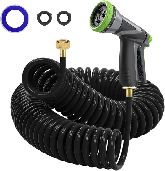 Coil Hose,3/8" EVA Coil Garden Hose 50 FT,Curly Water Hose Lightweight with Brass Connectors,Recoil Garden Hose Includes 8-Pattern Spray Nozzle for Boat, Yard, Patio, Green