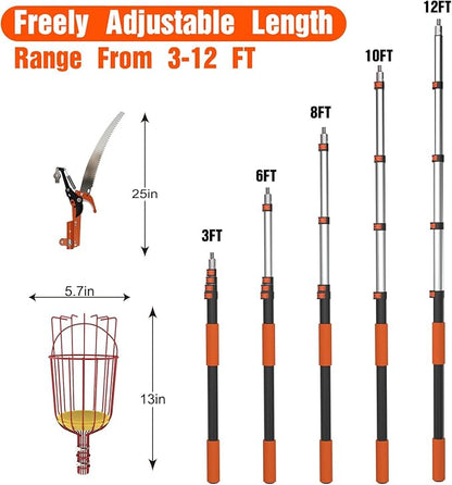 20FT Tree Trimmer, Manual Pole Saw with 3-12FT Extension Pole, Fruit Picker for Orange Lemon Mango Avocado Guava Fruit Picking