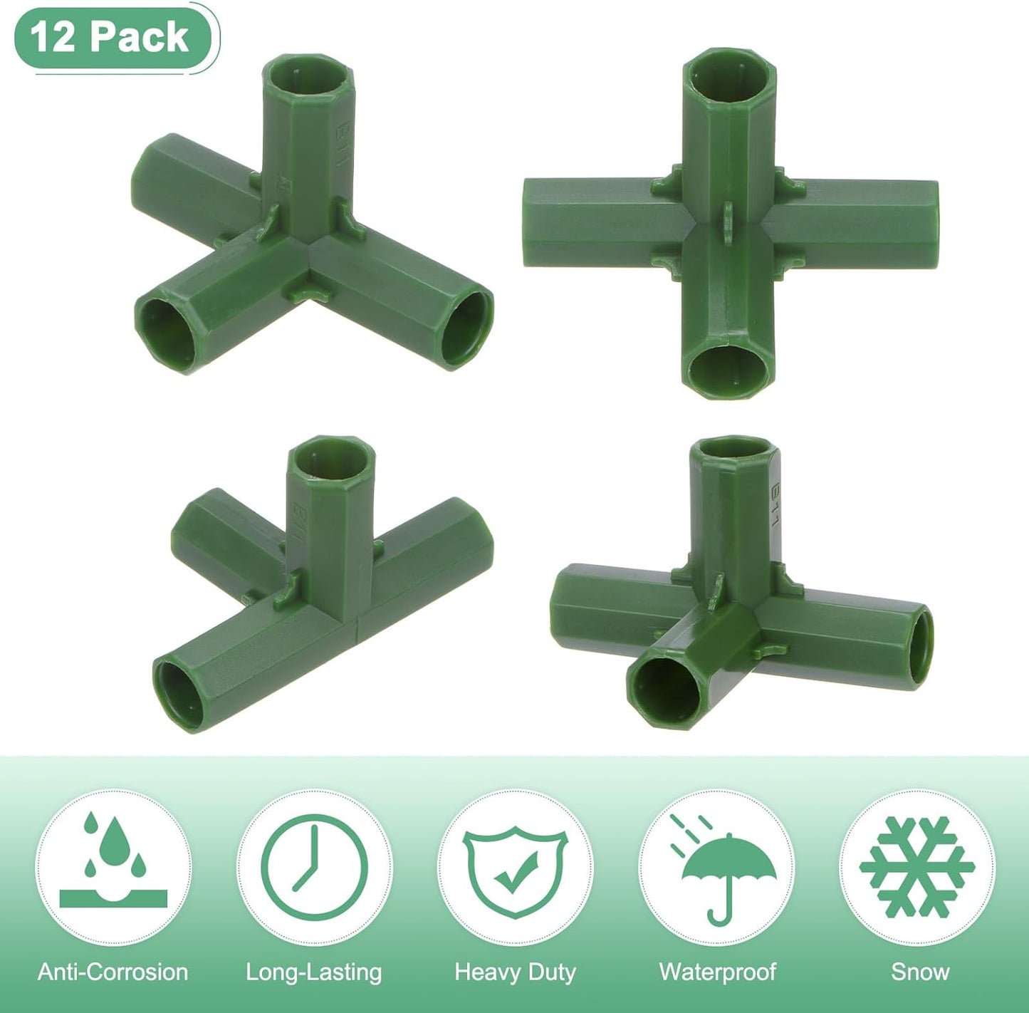 4 Pcs 11mm Greenhouse Frame Building Connectors, 4 Way Right Angle Pipe Fitting for Grape Trellis/Sunscreen Shed/Gardening Plant Stakes, Greenhouse Accessories [Green]