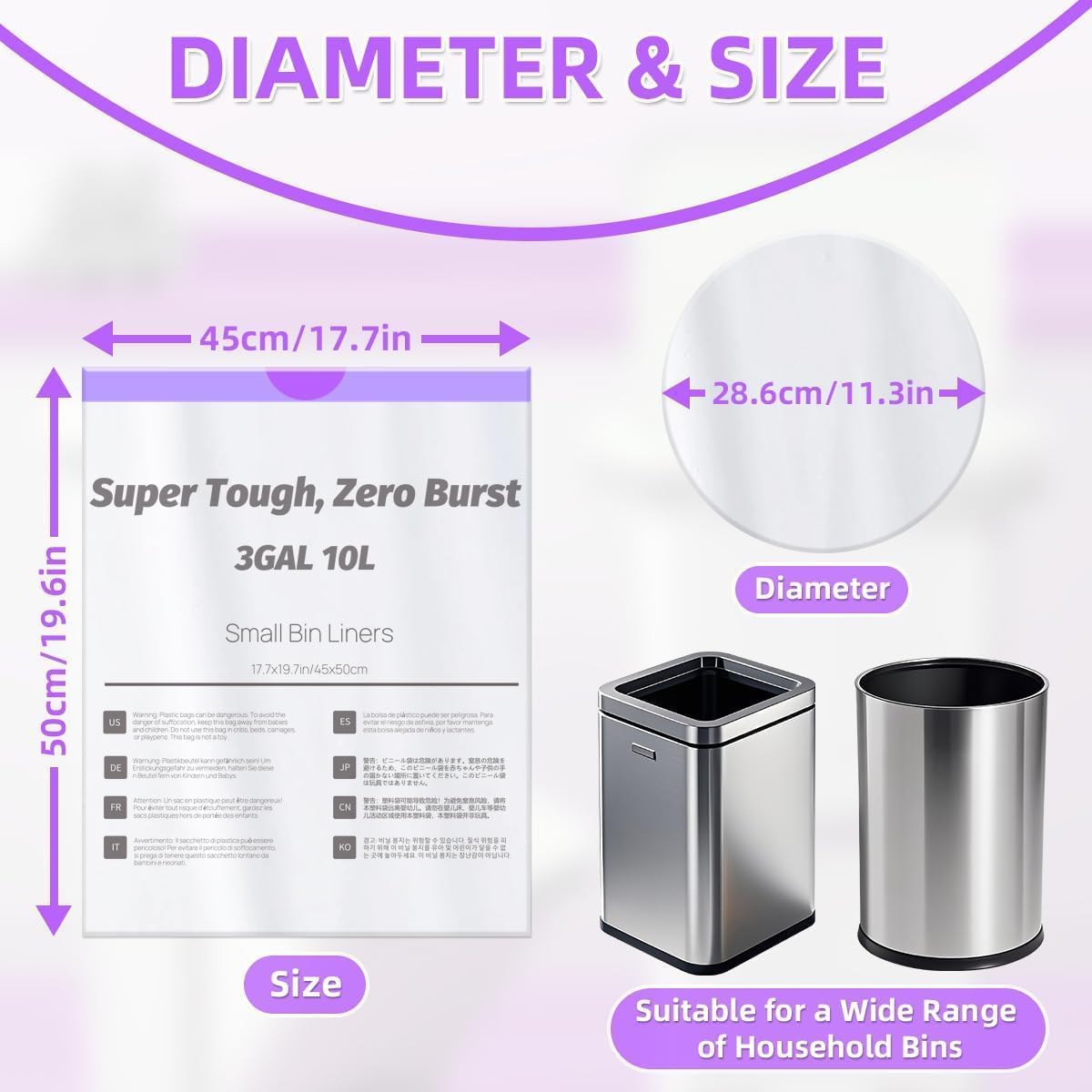 OKKEAI (2.6 Gallon) 3 Gallon Small Trash Bags with Drawstring, 64 Count Printed Bathroom Garbage Bags – Leak-Proof Tear-Resistant Wastebasket Liners for Bathroom, Kitchen, Office