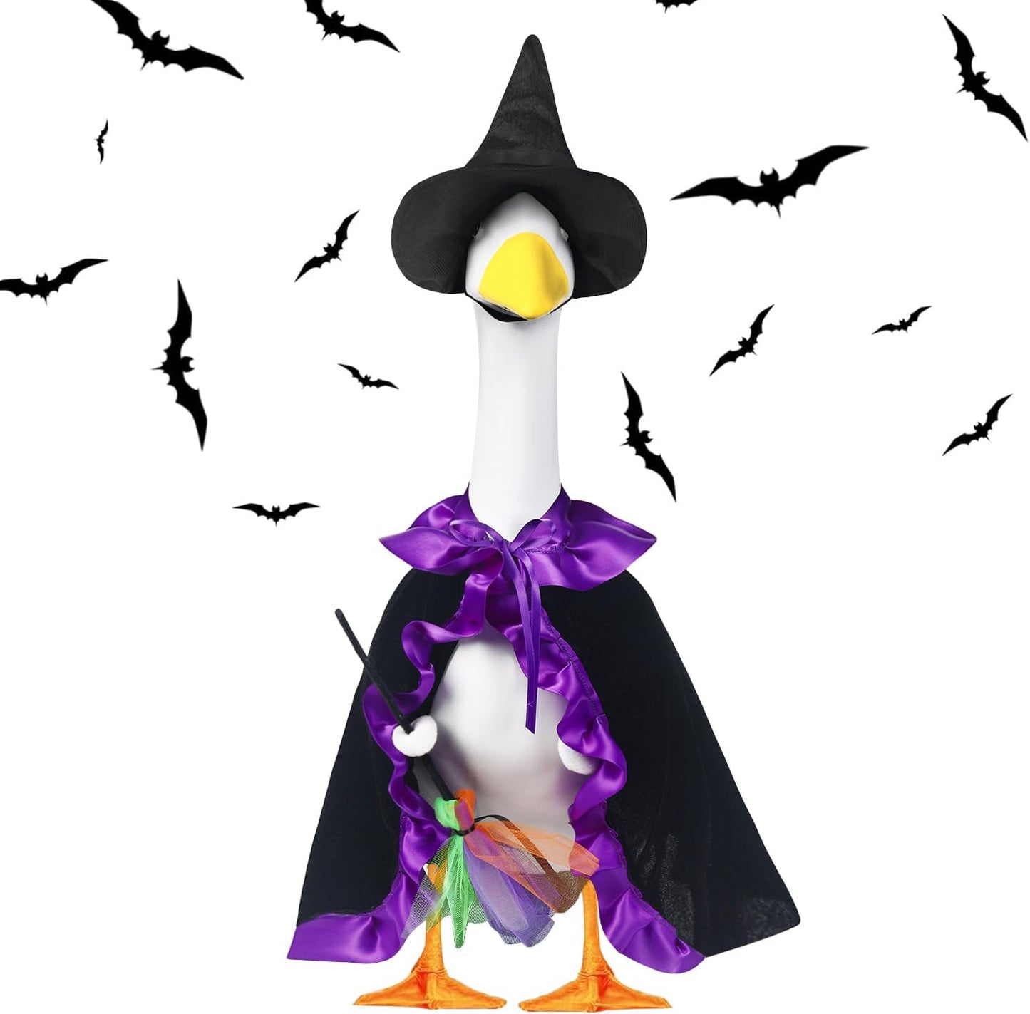 Halloween Porch Goose Witch Outfits Set for 23” Cement Lawn Goose Statue Clothes Broom Cape Costume for Patio Lawn Garden Art Decor