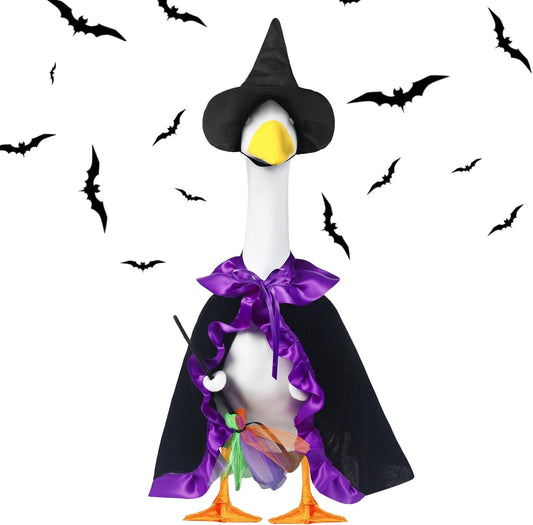 Halloween Porch Goose Witch Outfits Set for 23” Cement Lawn Goose Statue Clothes Broom Cape Costume for Patio Lawn Garden Art Decor