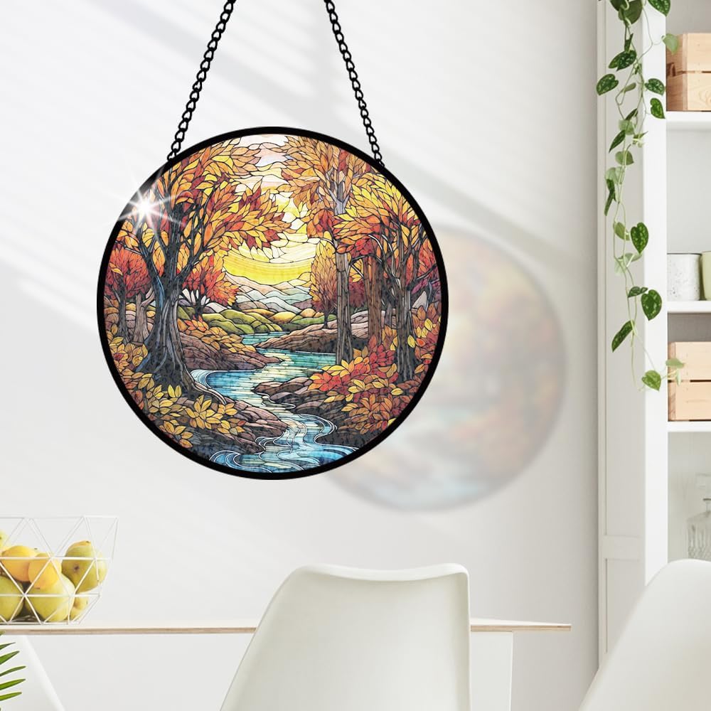 Forest Stained Glass Hanging Decoration, Fall Leaves Stained Glass Window Hanging for Window, Woodland Tree Glasses Ornament, Glasswork Wall Decor, Glasswork Ornam Gifts for Birthday, Housewarming