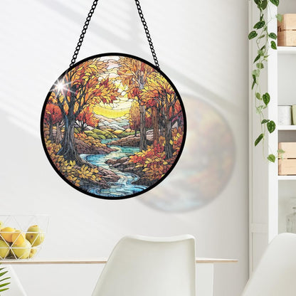 Forest Stained Glass Hanging Decoration, Fall Leaves Stained Glass Window Hanging for Window, Woodland Tree Glasses Ornament, Glasswork Wall Decor, Glasswork Ornam Gifts for Birthday, Housewarming