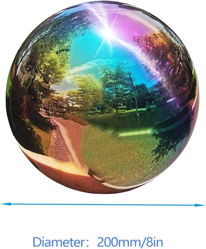 Rainbow Gazing Globe Mirror Ball in Stainless Steel, Shiny Hollow Sphere Sparkling Housewarming Outdoor Ornament (8 Inch)