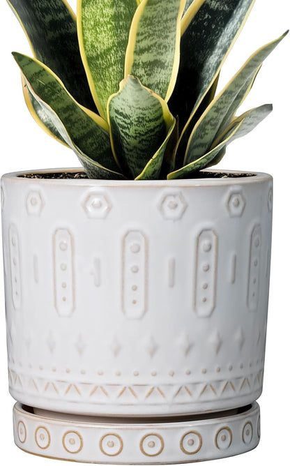 Pot for Plants 6 Inch - Ceramic Planter for Indoor Plants Decorative Plant Pot with Drainage Holes and Saucer Outdoor Flower Pot Modern Succulent Pots for Office Desk Decor White