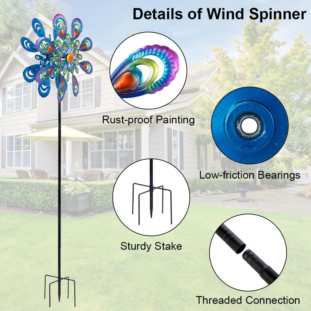 Peacock Wind Spinner, 21" Dia Large Kinetic Wind Sculptures & Spinners Outdoor, 68 Inch Tall Metal Windmill for Garden Yard Decor