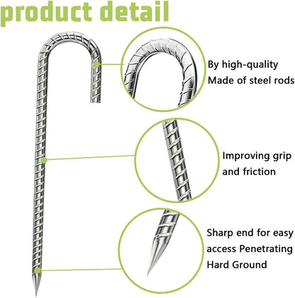 Ground-Stakes-Heavy-Duty-12 inch, J-Hook Rebar Stakes Galvanized Anti-Rust 20pcs Garden Stakes Metal Ground Anchors for Garden Dog Fence Chicken Coop Christmas Decorations Deer Fence