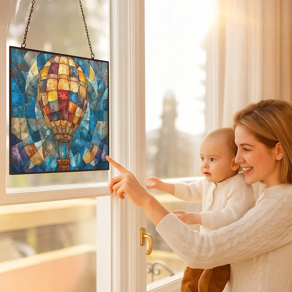 Personalized Rectangle Boho Hot Air Balloon Stained Glass Suncatcher Window Hanging, Gothic Christmas Ornaments for Fiction Lovers, Dinosaur Room Decor for Nursery New Home Gifts