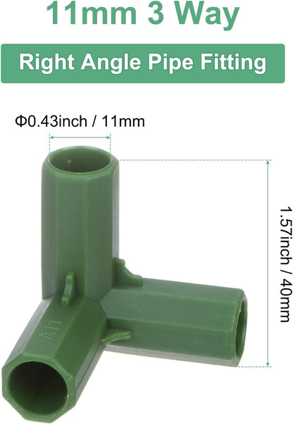 12 Pcs 11mm Greenhouse Frame Building Connectors, 3 Way Right Angle Pipe Fitting for Grape Trellis/Sunscreen Shed/Gardening Plant Stakes, Greenhouse Accessories [Green]