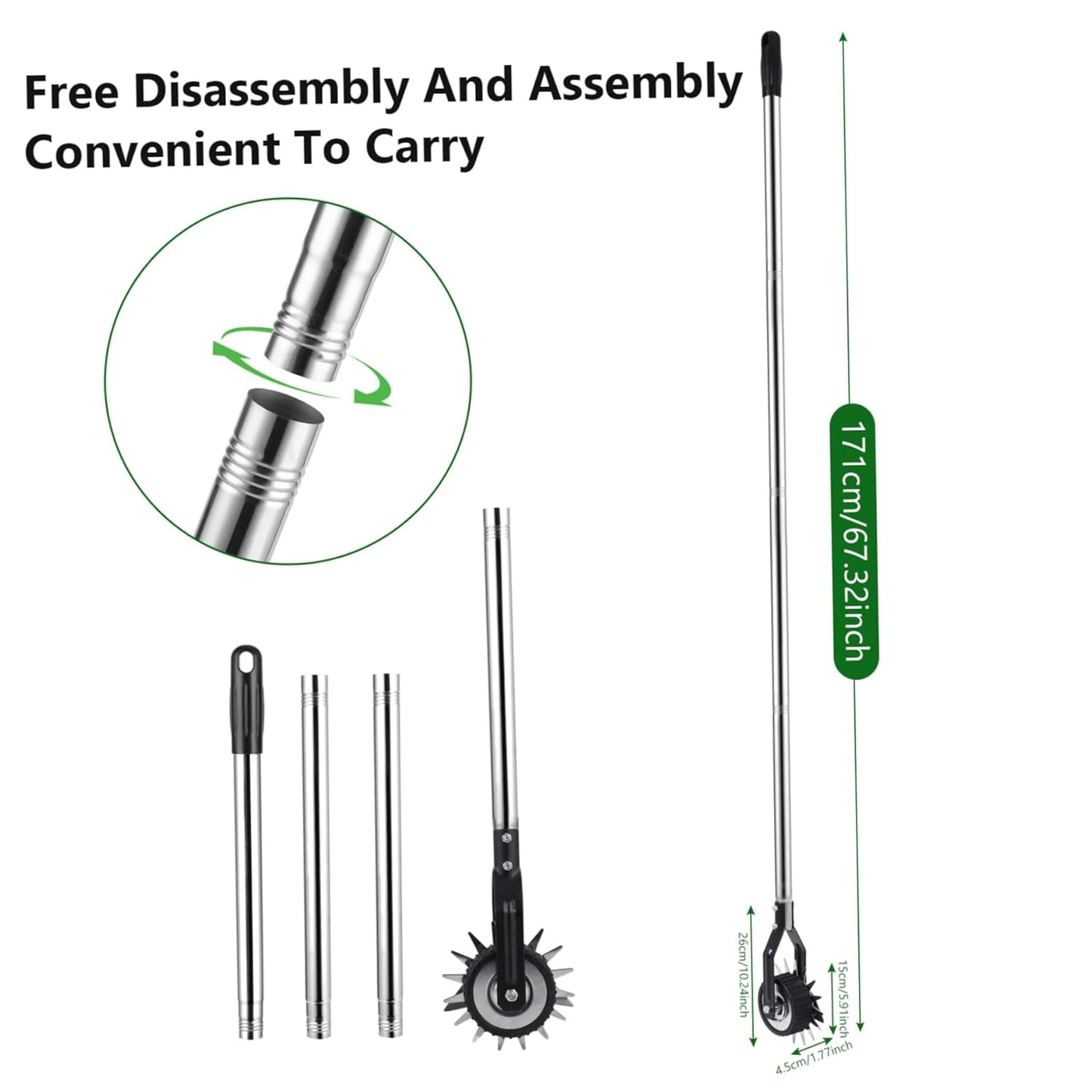 Edger Lawn Tool 67.3 Inch Manual Grass Edger with 4 Sections Stainless Steel Handle and Wheel, Rotary Garden Edging Tool for Landscaping, Sidewalk, Yard