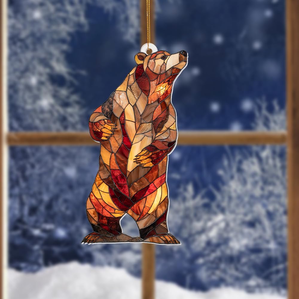Stained Glass Acrylic Bear Ornament 2025 – Handcrafted Wildlife Christmas Tree Decoration, Rustic Lodge Cabin Décor, Window Hanging Suncatcher Gift for Nature & Animal Lovers (Sun-02)