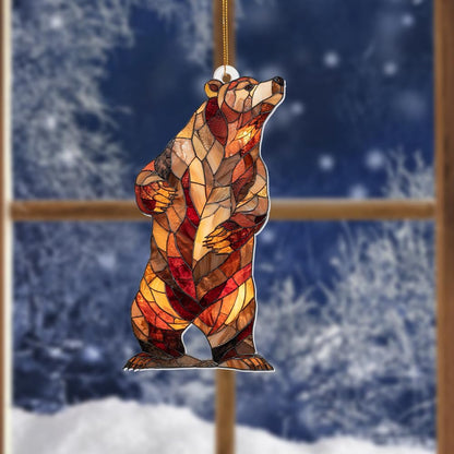 Stained Glass Acrylic Bear Ornament 2025 – Handcrafted Wildlife Christmas Tree Decoration, Rustic Lodge Cabin Décor, Window Hanging Suncatcher Gift for Nature & Animal Lovers (Sun-02)