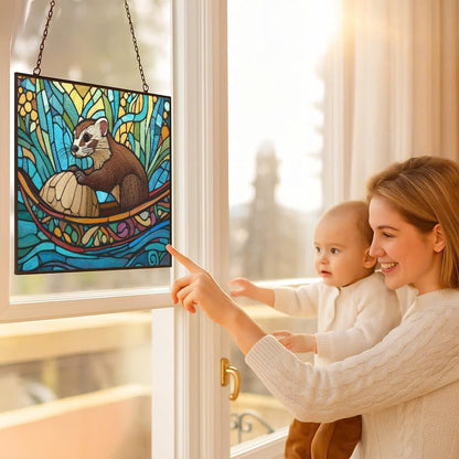Rectangle Boho Ferret in Walnut Shell Stained Glass Suncatcher Window Hanging, Gothic Dragon Christmas Ornaments for Fiction Lovers, Dinosaur Room Decor for Nursery New Home Gifts