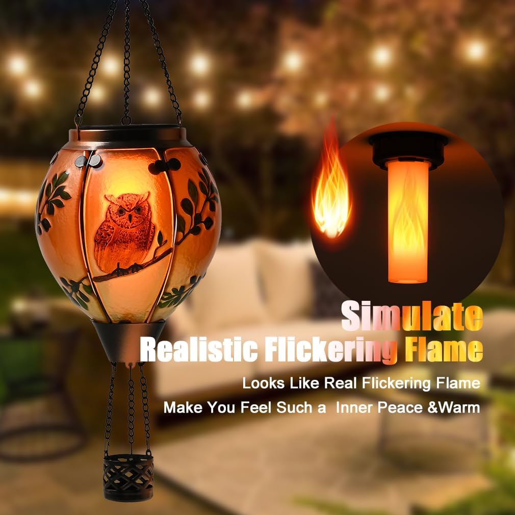 Hot Air Balloon Solar Lantern - Owl Stained Glass Lantern, Simulated Flickering & Dancing Flame, Outdoor Hanging Yard Light Waterproof IP65 for Patio Lawn Porch Decor Gift