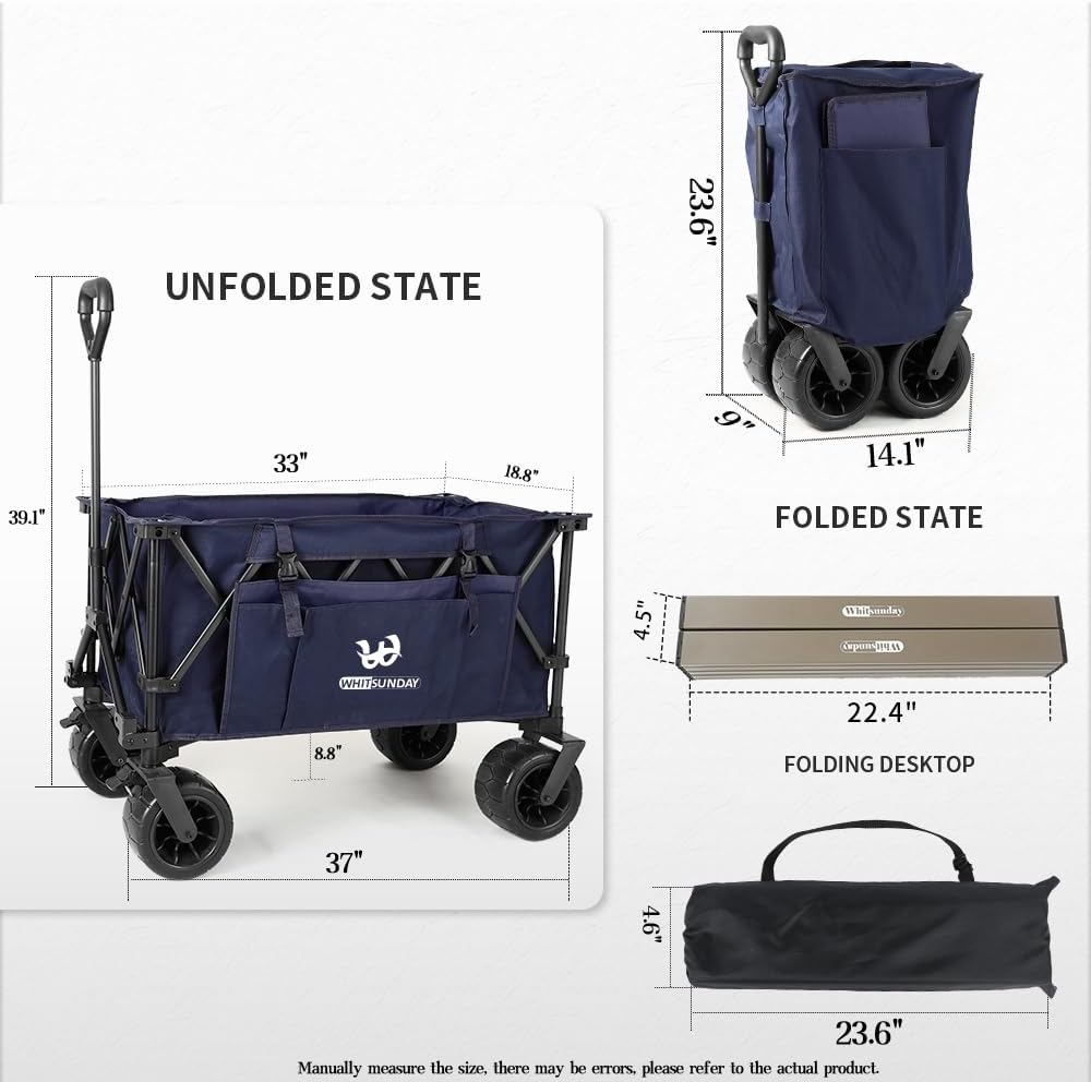 Whitsunday Collasible Wagon, Large Capacity 400Lbs, All-Terrain Wheels Heavy Duty Utility Wagon for Gardening Shopping Fishing Camping Outdoor Picnic Blue
