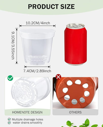 homenote Clear Nursery Pots for Plants,4 Inch Plant Pot for Planting Plastic Seedling with Drainage Holes Seed Starter Flower High Transparency with 20 Labels (60 Pack)