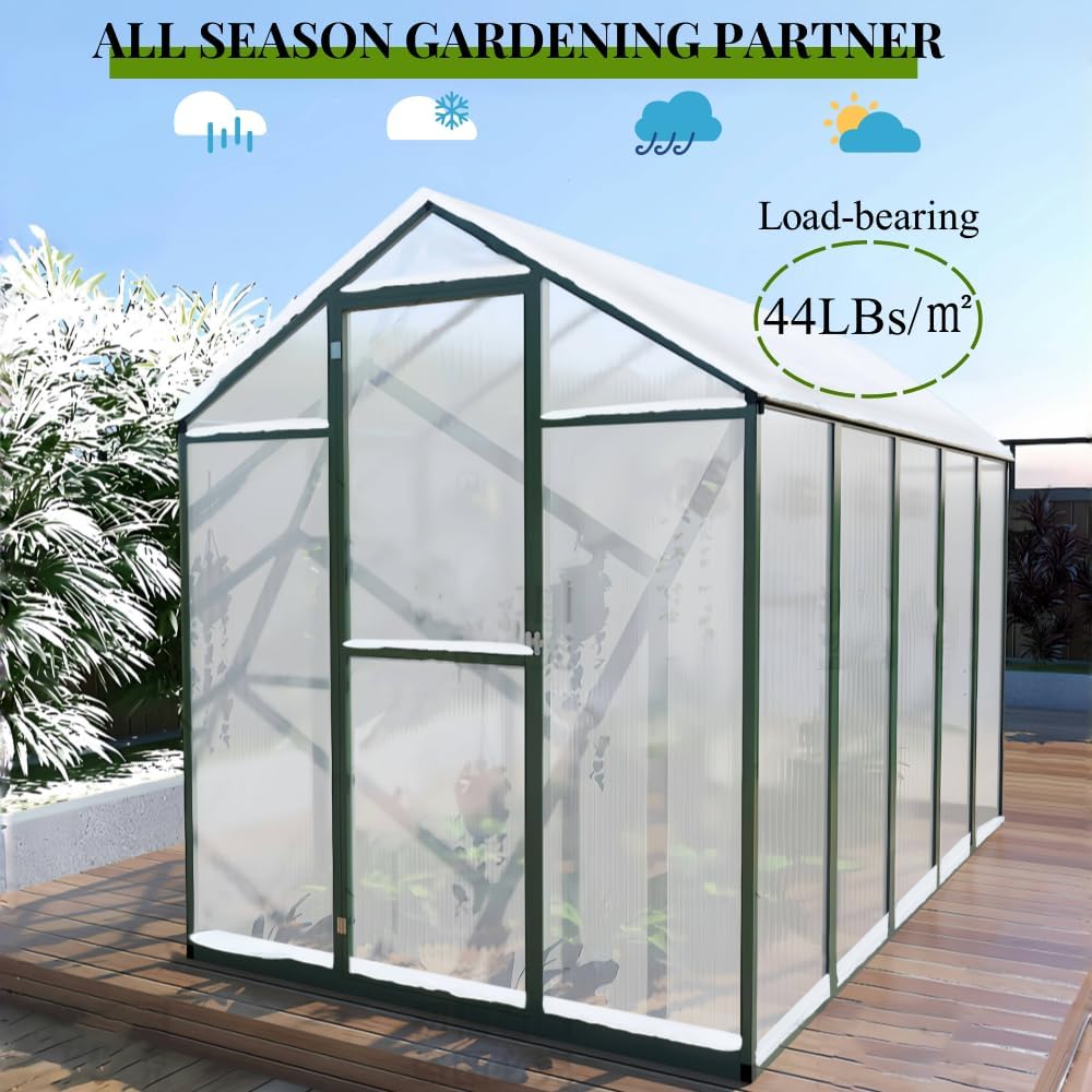 72*96in Greenhouse for Outdoors, Polycarbonate Greenhouse with Stronger Wind Protection and Roof Vent, Walk-in Large Aluminum Sunroom Winter Proof, Green