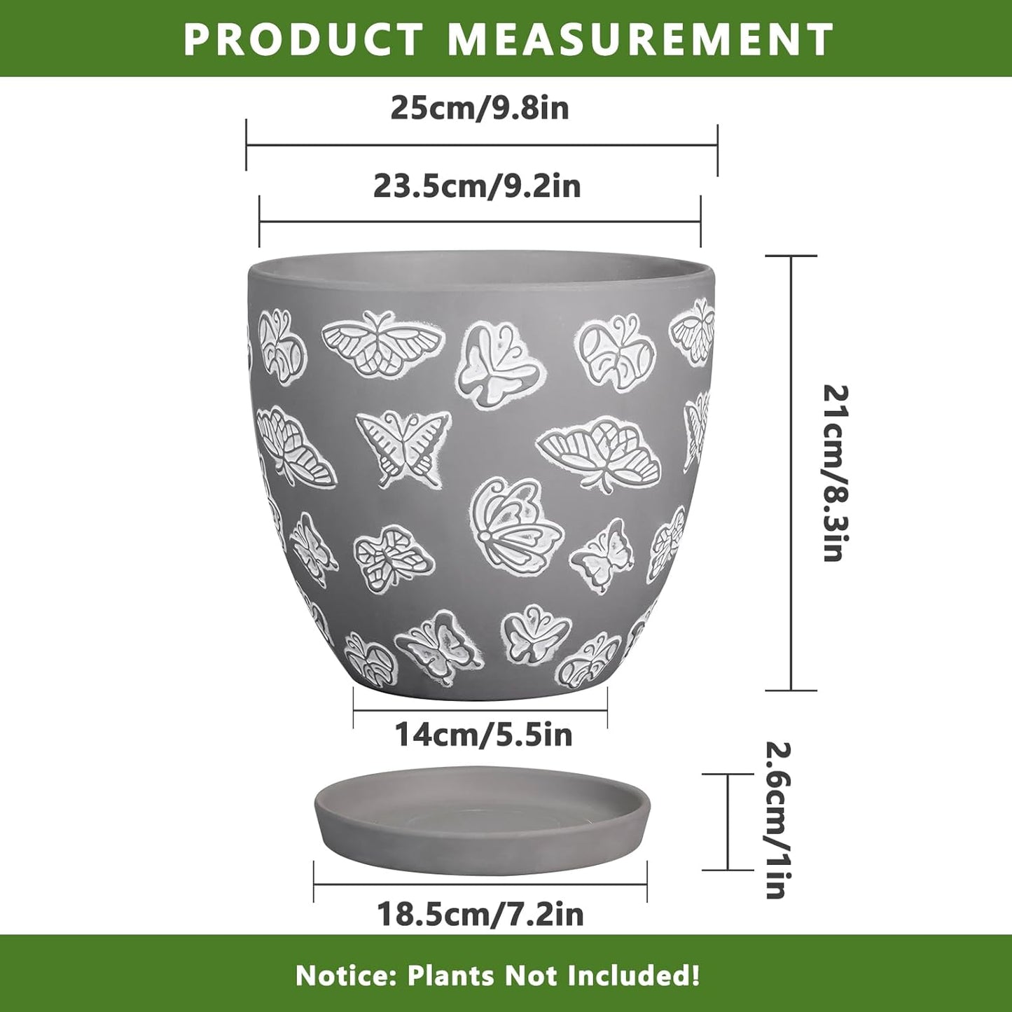 Pots for Plants 10 Inch - Ceramic Planter Indoor Plant Pots for Plants Large Flower Pot with Drainage Hole and Saucer for Outdoor Plants Home Garden Gray
