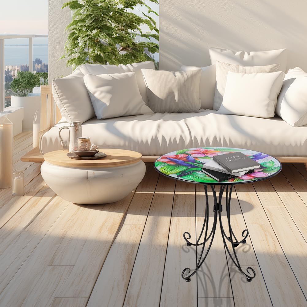 18 Inch Outdoor Side Table, Hummingbird Metal Accent Table, Indoor Small Round End Tables, Plant Stand Tables for Outside Yard Balcony Garden Bedside