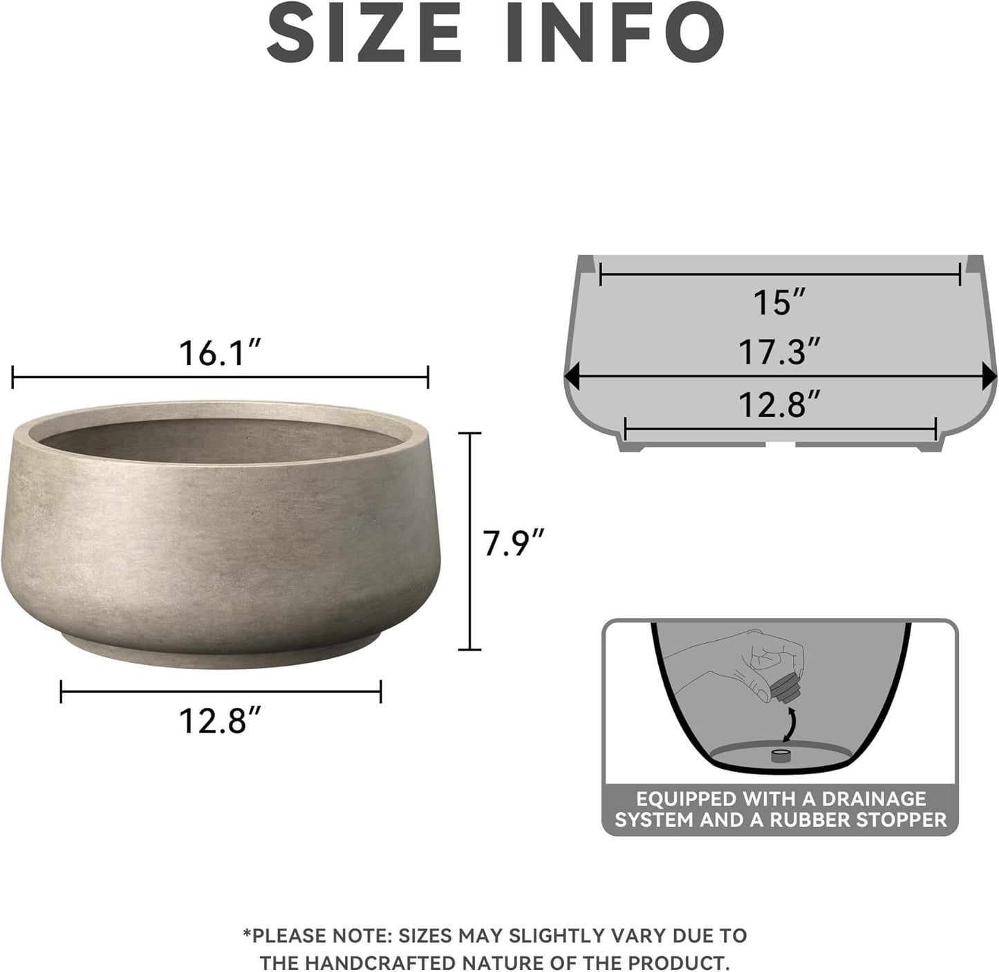 Kante 16.1" Dia Round Curvy Concrete Planter, Large Plant Pots with Drainage Hole and Rubber Plug for Indoor Outdoor Plants, Flower Pot for Home Garden Patio Porch, Weathered Concrete